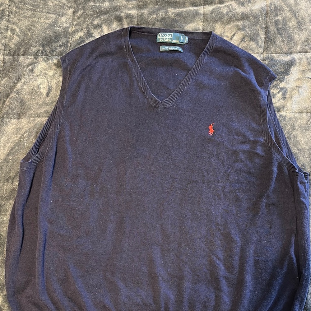 Ralph Lauren Blue V-Neck Sweater with Red Logo